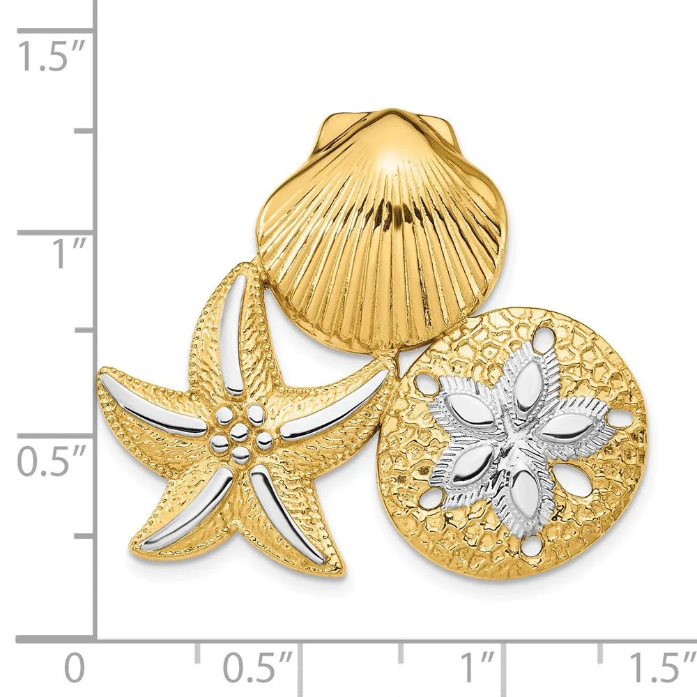 14k with White Gold Rhodium Scallop, Starfish and Sand Dollar Slide
