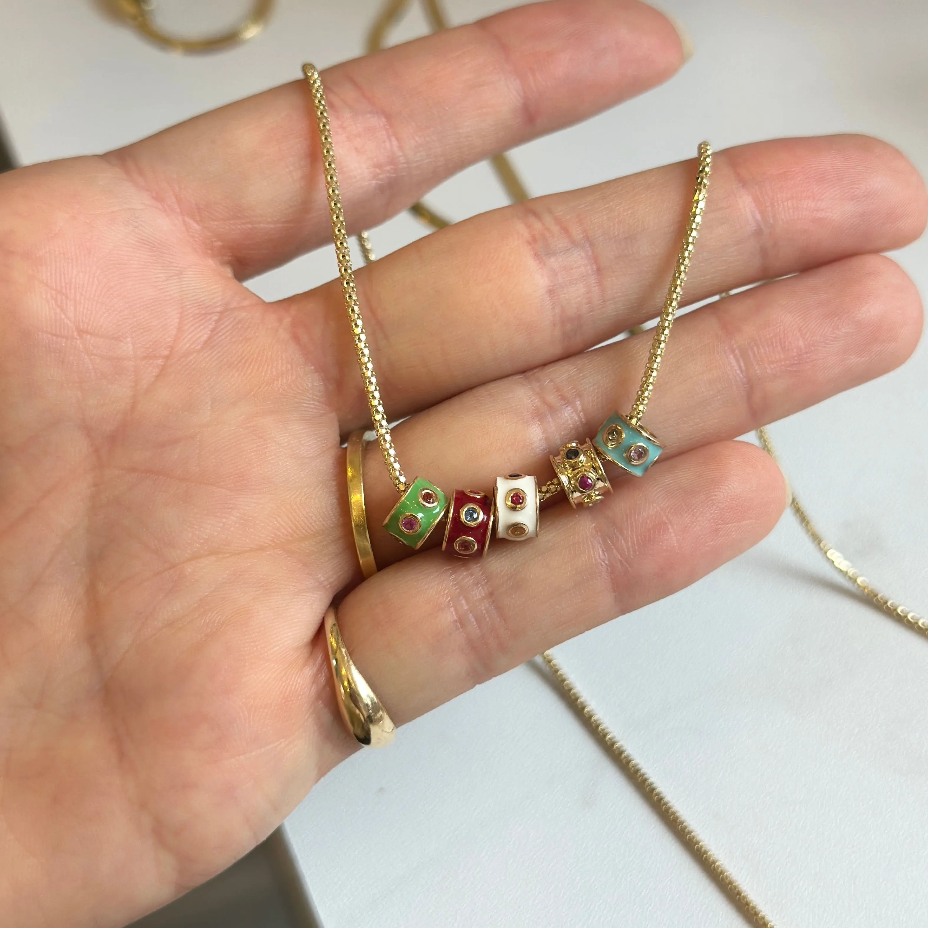 14KT Yellow Gold Green Enamel Multi-Colored Sapphire Roundel Pendant Slide