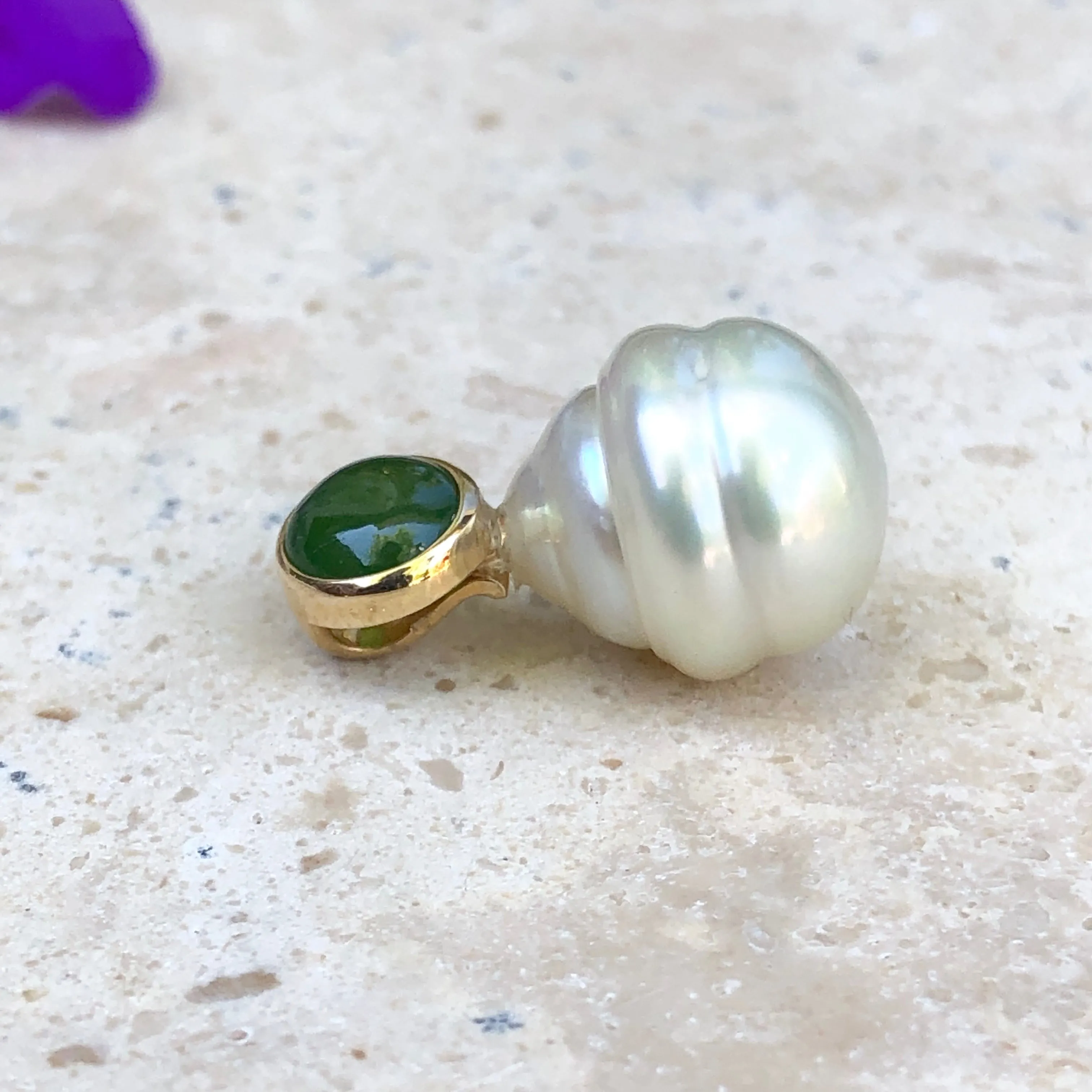 14KT Yellow Gold Green Jade   11mm Paspaley South Sea Pearl Pendant Slide