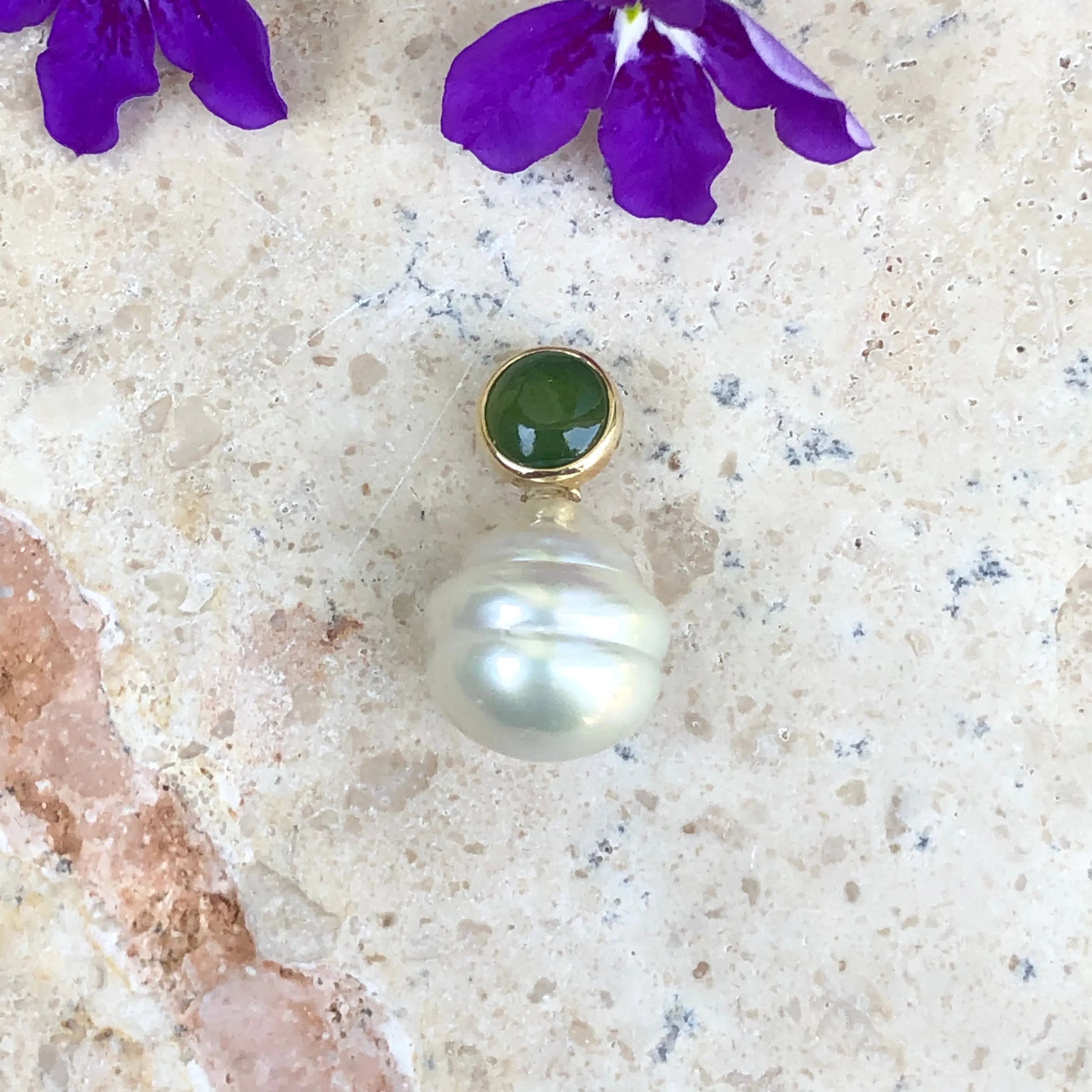 14KT Yellow Gold Green Jade   11mm Paspaley South Sea Pearl Pendant Slide