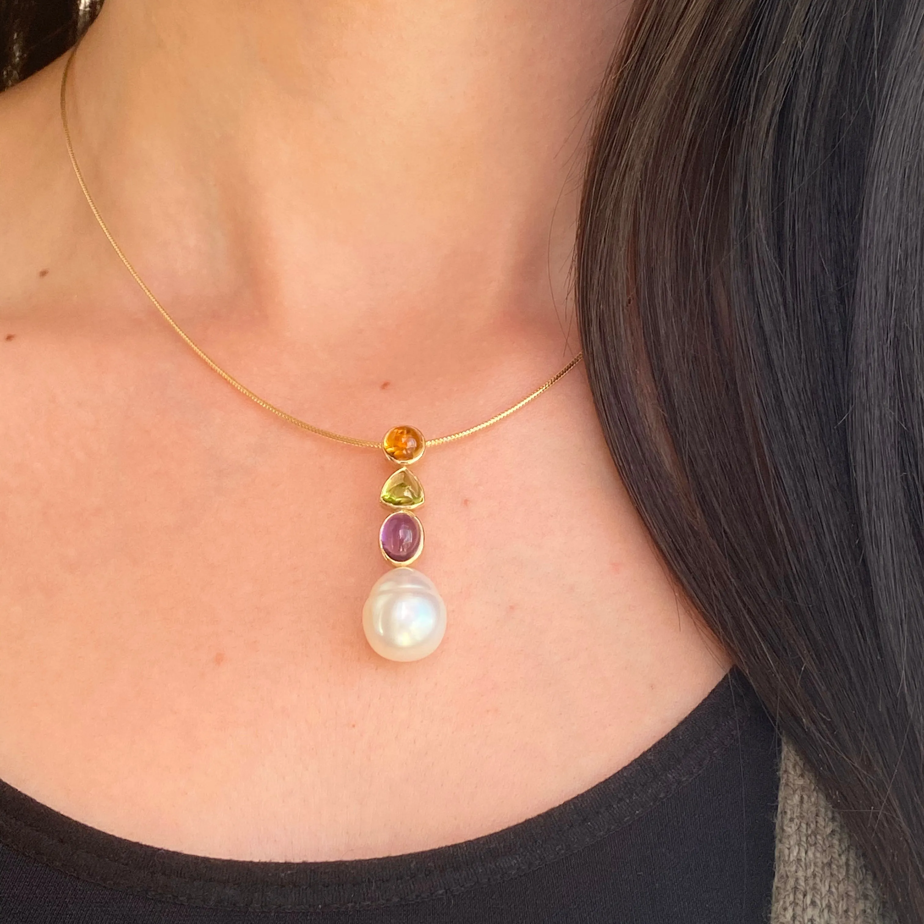 14KT Yellow Gold Peridot, Amethyst, Citrine   Paspaley South Sea Pearl Pendant Slide