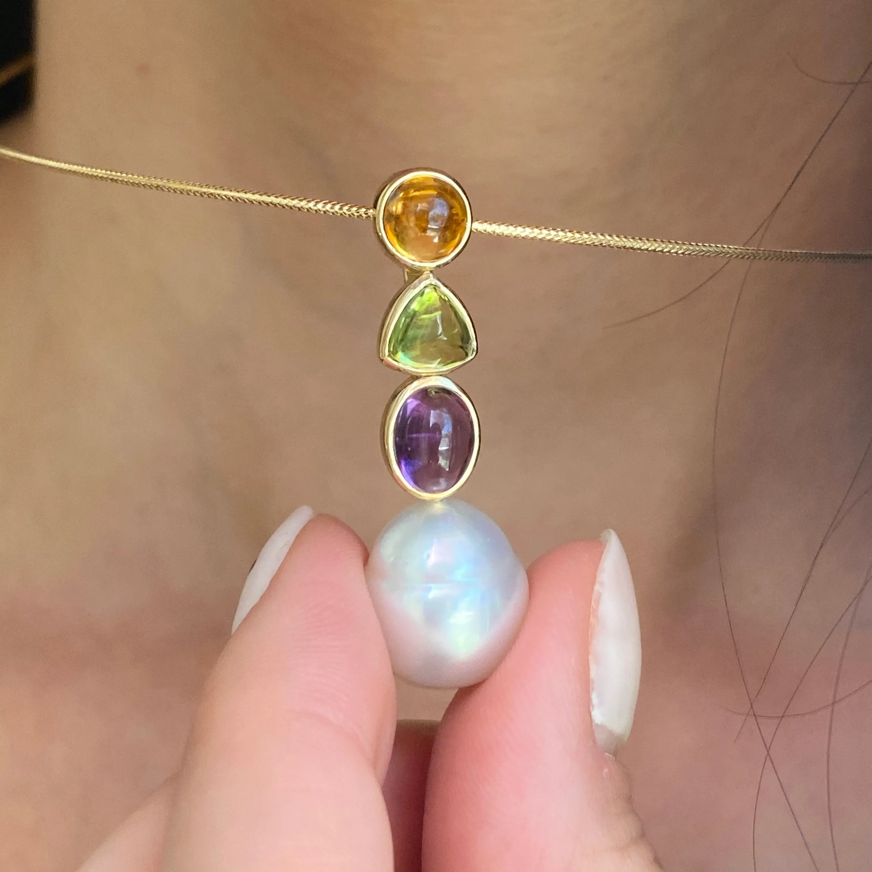 14KT Yellow Gold Peridot, Amethyst, Citrine   Paspaley South Sea Pearl Pendant Slide