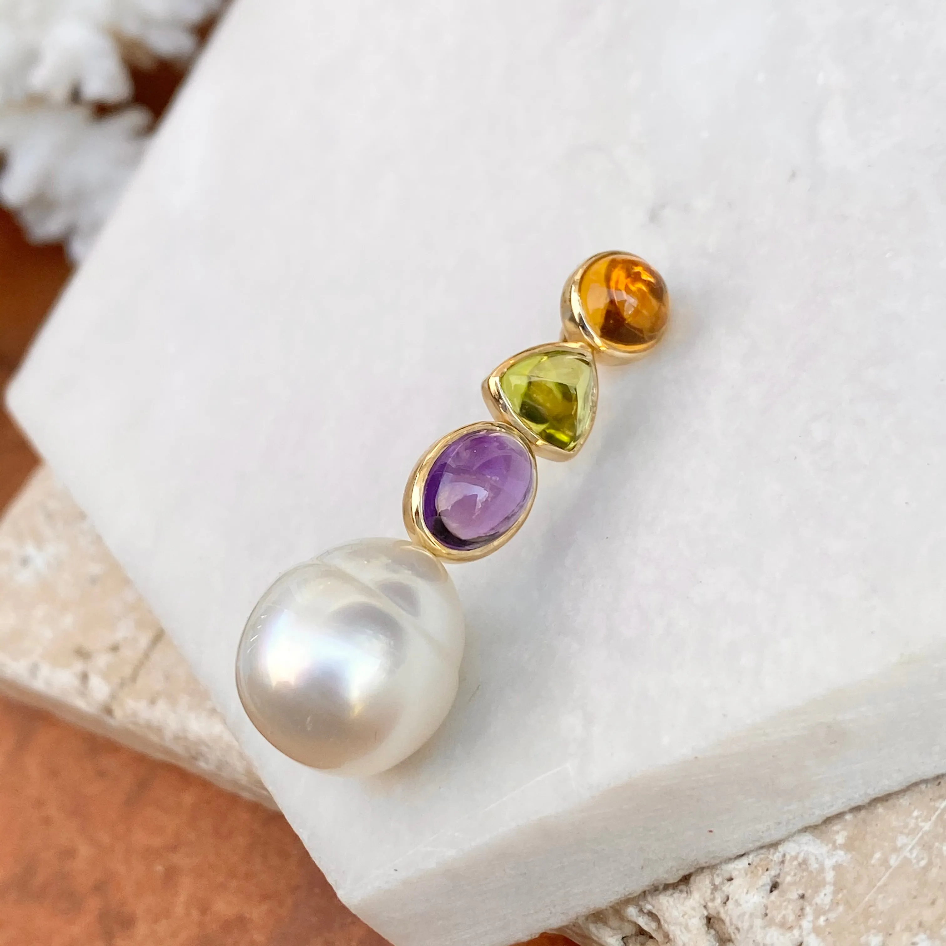 14KT Yellow Gold Peridot, Amethyst, Citrine   Paspaley South Sea Pearl Pendant Slide