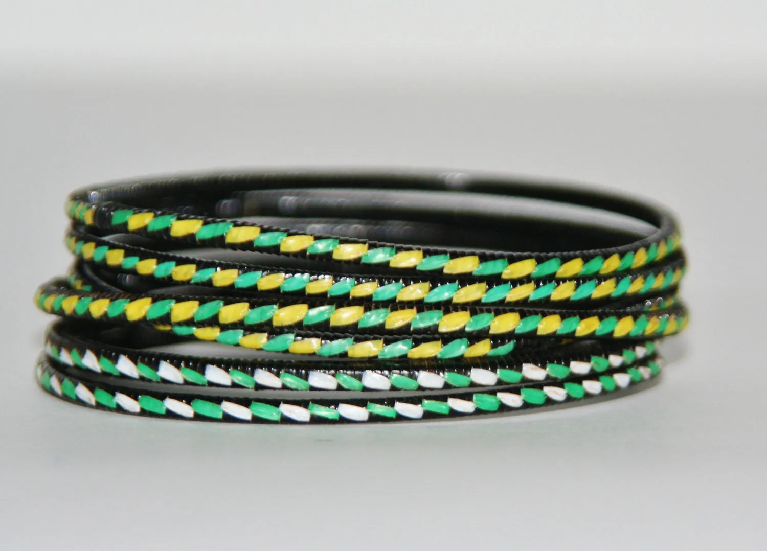 African Recycled Bracelet Green Yellow White Black Recycled African Mat - Unisex - 3"Diameter SET OF 5