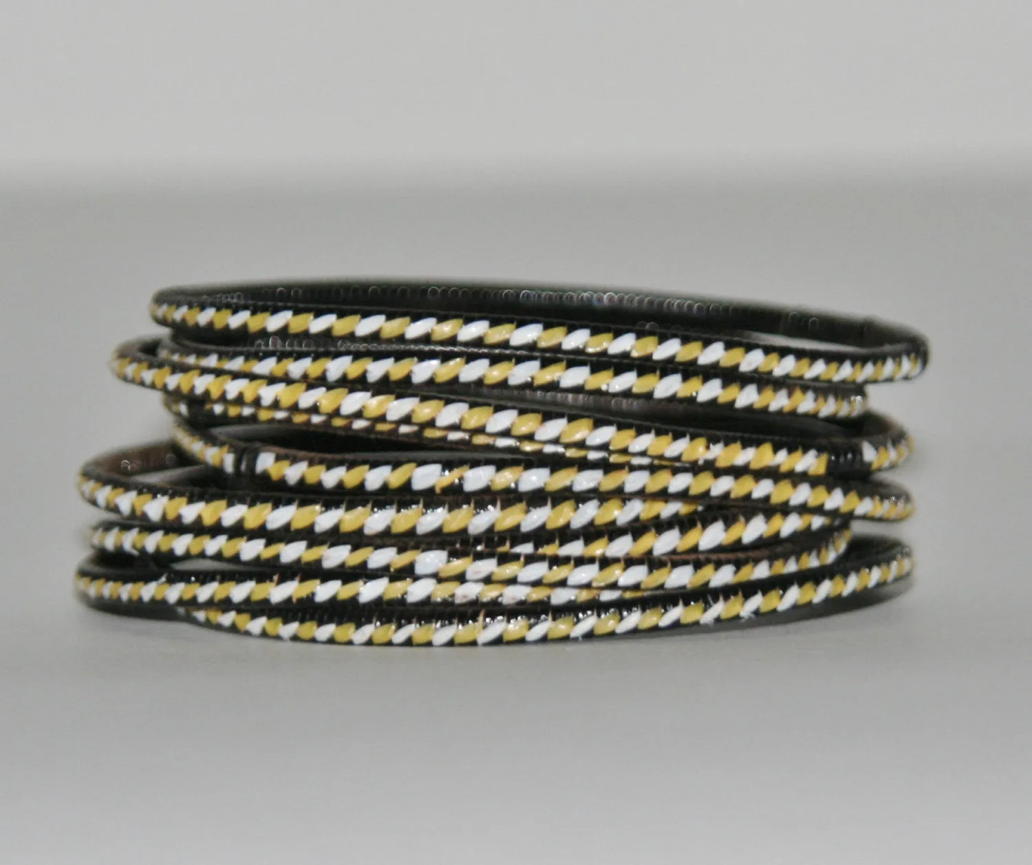 African Recycled Bracelet Yellow Black White Recycled African Mat - Unisex - 3"Diameter - Set of 5