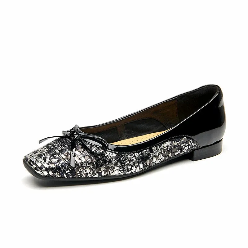 Beautoday Flats Women Genuine Sheepskin Square Toe Ballets Woven Style for Spring Summer Ladies Elegant Shoes Handmade 28079