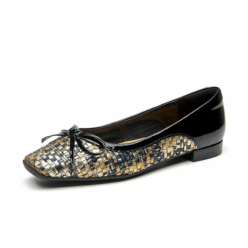 Beautoday Flats Women Genuine Sheepskin Square Toe Ballets Woven Style for Spring Summer Ladies Elegant Shoes Handmade 28079