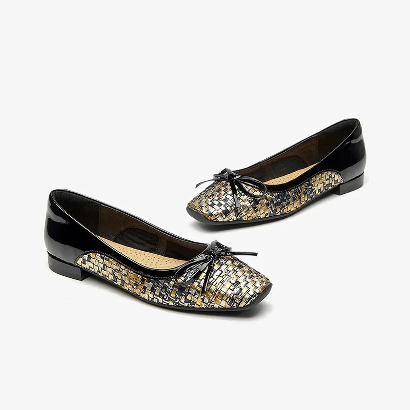 Beautoday Flats Women Genuine Sheepskin Square Toe Ballets Woven Style for Spring Summer Ladies Elegant Shoes Handmade 28079