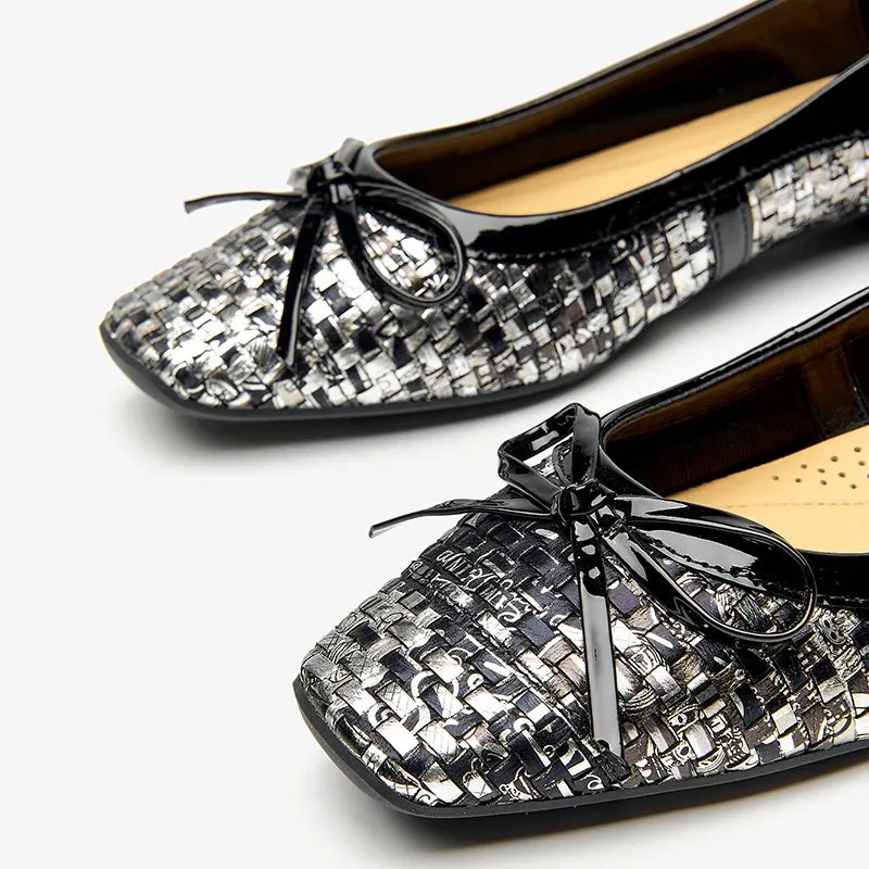 Beautoday Flats Women Genuine Sheepskin Square Toe Ballets Woven Style for Spring Summer Ladies Elegant Shoes Handmade 28079