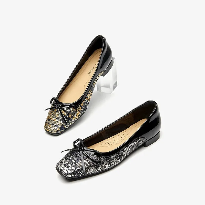 Beautoday Flats Women Genuine Sheepskin Square Toe Ballets Woven Style for Spring Summer Ladies Elegant Shoes Handmade 28079