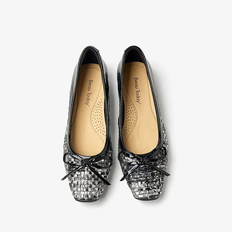 Beautoday Flats Women Genuine Sheepskin Square Toe Ballets Woven Style for Spring Summer Ladies Elegant Shoes Handmade 28079