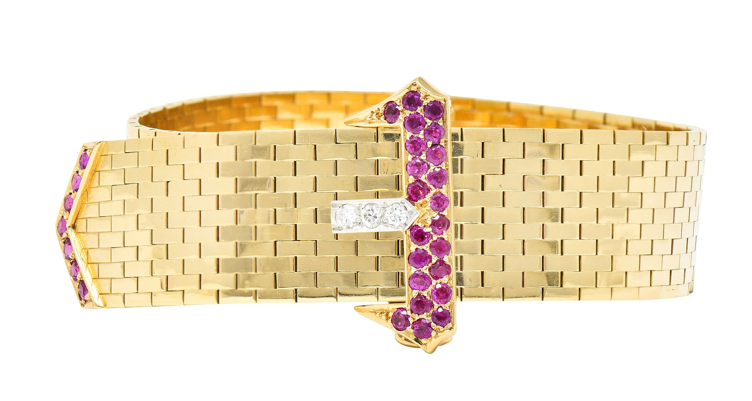 Cartier Retro Ruby Diamond Platinum 14 Karat Yellow Gold Woven Mesh Belt Buckle Vintage Bracelet