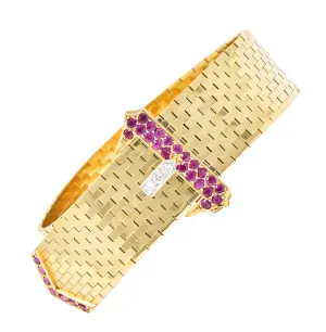 Cartier Retro Ruby Diamond Platinum 14 Karat Yellow Gold Woven Mesh Belt Buckle Vintage Bracelet