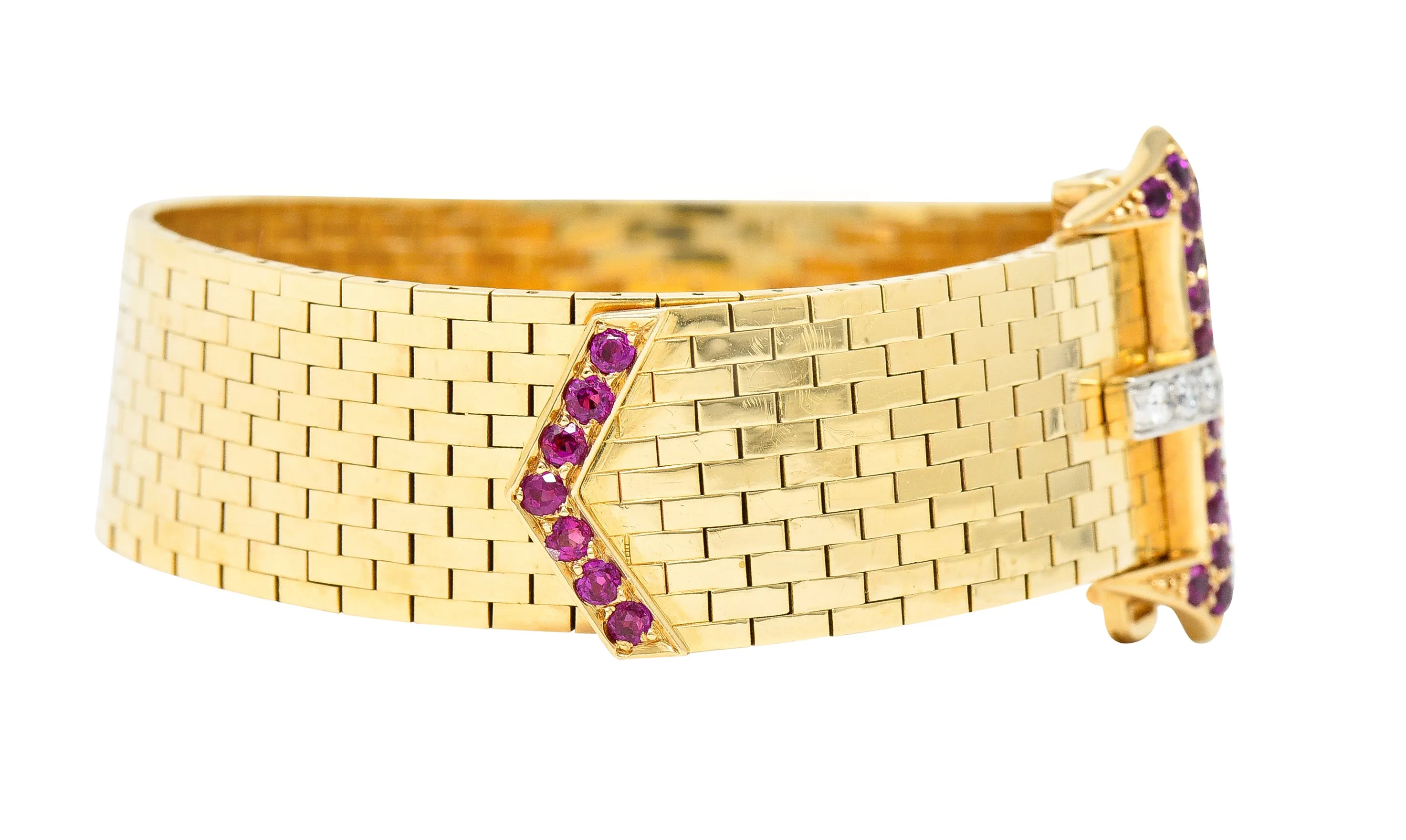 Cartier Retro Ruby Diamond Platinum 14 Karat Yellow Gold Woven Mesh Belt Buckle Vintage Bracelet