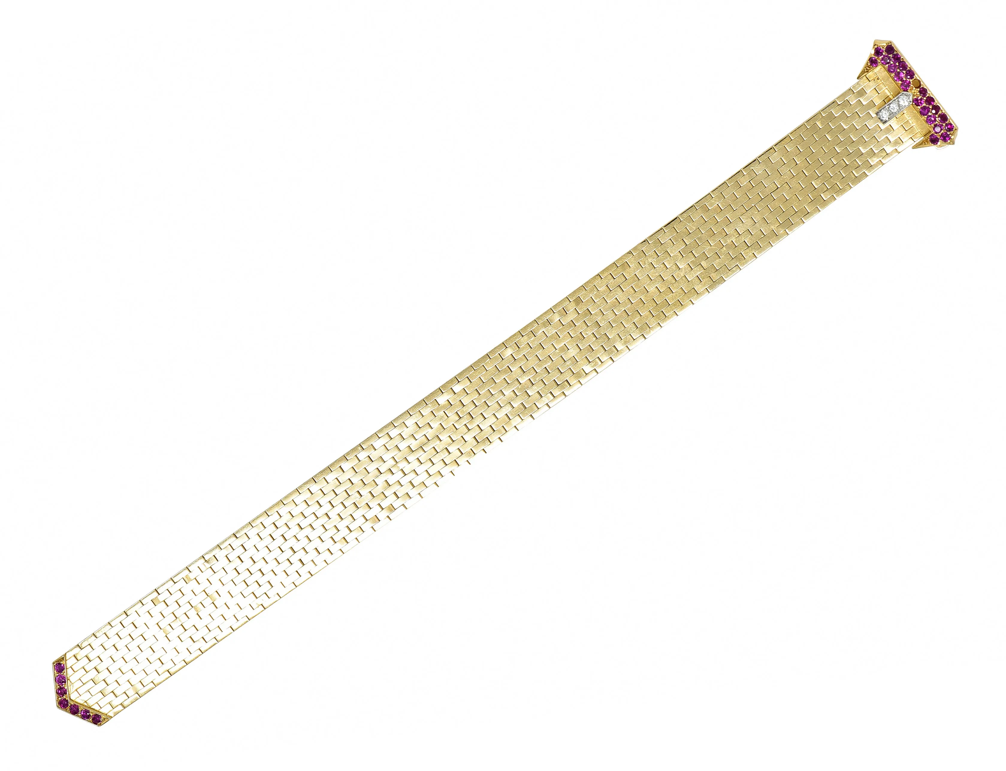 Cartier Retro Ruby Diamond Platinum 14 Karat Yellow Gold Woven Mesh Belt Buckle Vintage Bracelet