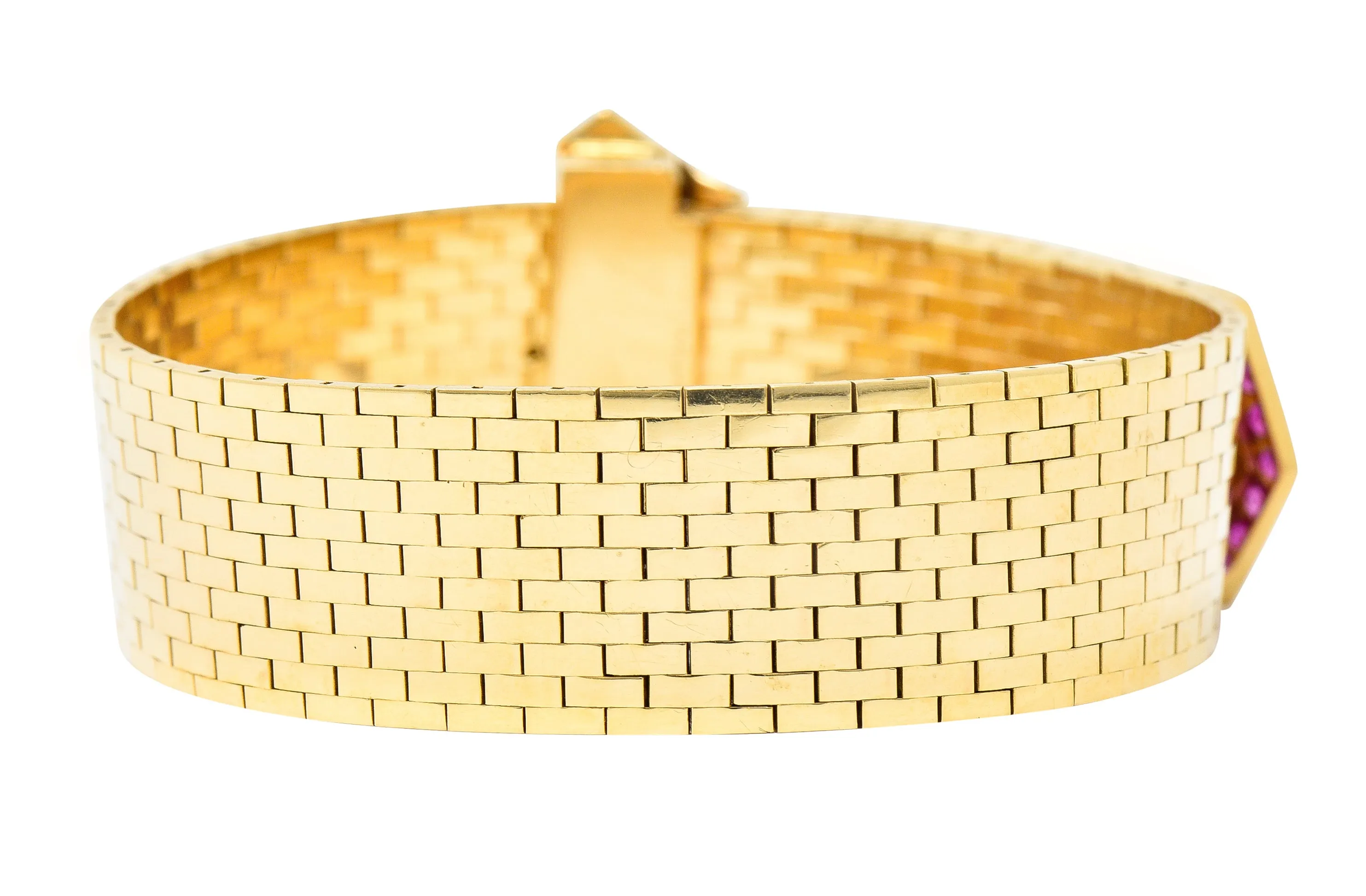 Cartier Retro Ruby Diamond Platinum 14 Karat Yellow Gold Woven Mesh Belt Buckle Vintage Bracelet