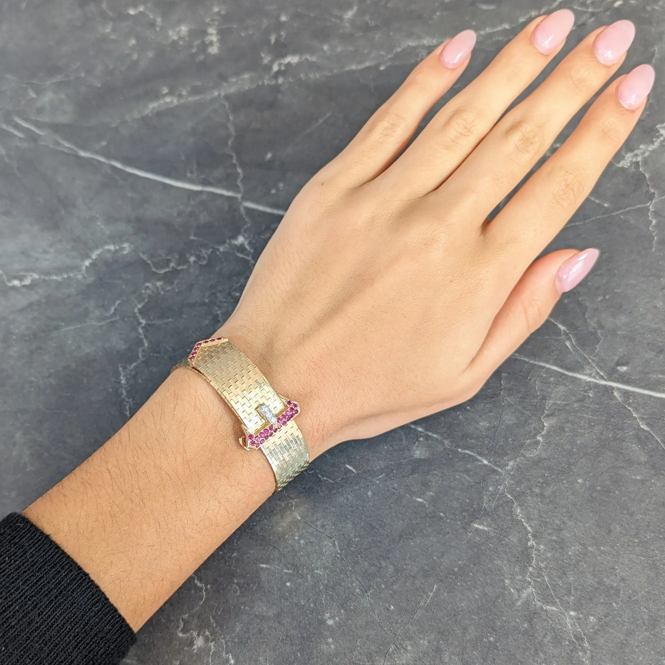 Cartier Retro Ruby Diamond Platinum 14 Karat Yellow Gold Woven Mesh Belt Buckle Vintage Bracelet