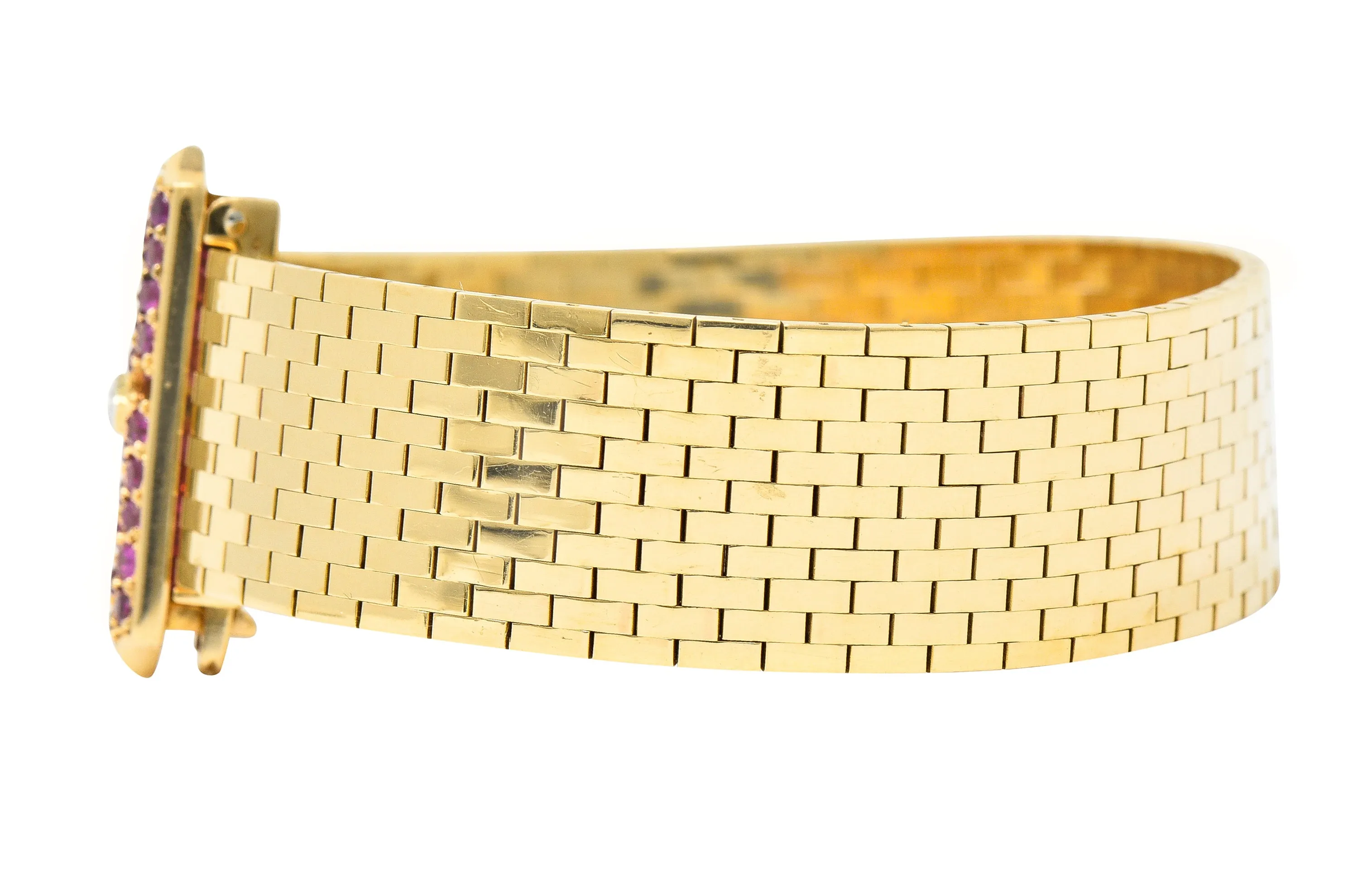 Cartier Retro Ruby Diamond Platinum 14 Karat Yellow Gold Woven Mesh Belt Buckle Vintage Bracelet
