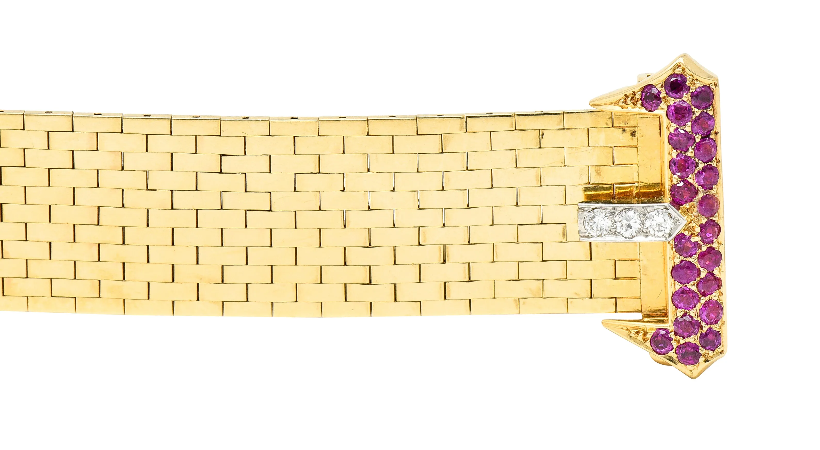 Cartier Retro Ruby Diamond Platinum 14 Karat Yellow Gold Woven Mesh Belt Buckle Vintage Bracelet