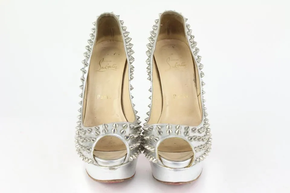 Christian Louboutin Women's 38.5 Silver Spike Lady Peep Open Toe Platforms 1122cl21