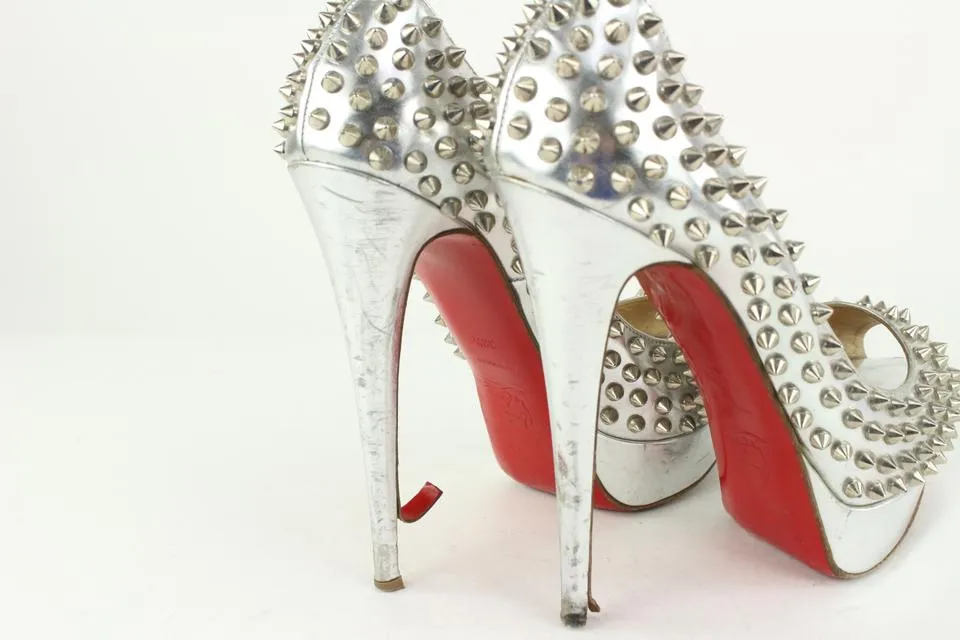Christian Louboutin Women's 38.5 Silver Spike Lady Peep Open Toe Platforms 1122cl21