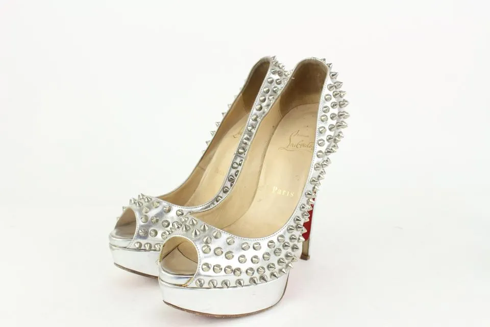 Christian Louboutin Women's 38.5 Silver Spike Lady Peep Open Toe Platforms 1122cl21