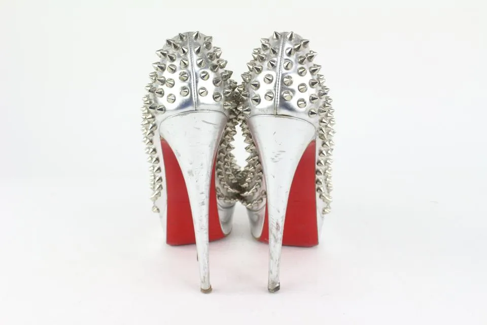 Christian Louboutin Women's 38.5 Silver Spike Lady Peep Open Toe Platforms 1122cl21