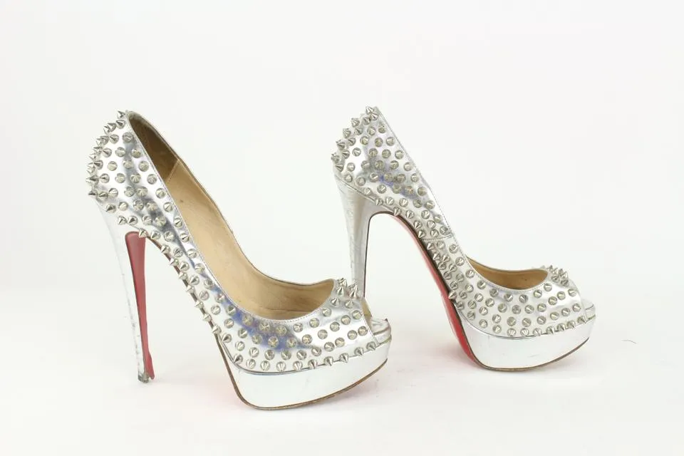 Christian Louboutin Women's 38.5 Silver Spike Lady Peep Open Toe Platforms 1122cl21