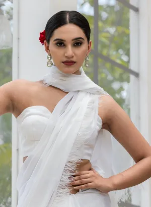 Gala Ready White Shimmer Saree with Faux Feathers and Blouse Fabric