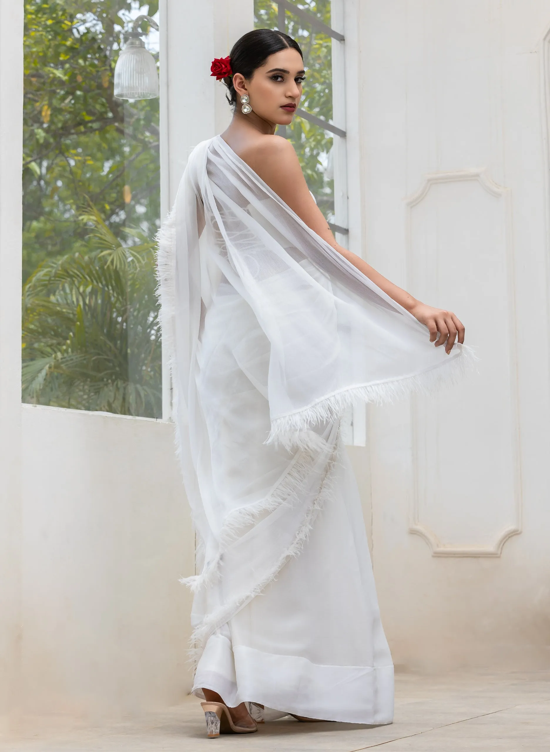 Gala Ready White Shimmer Saree with Faux Feathers and Blouse Fabric