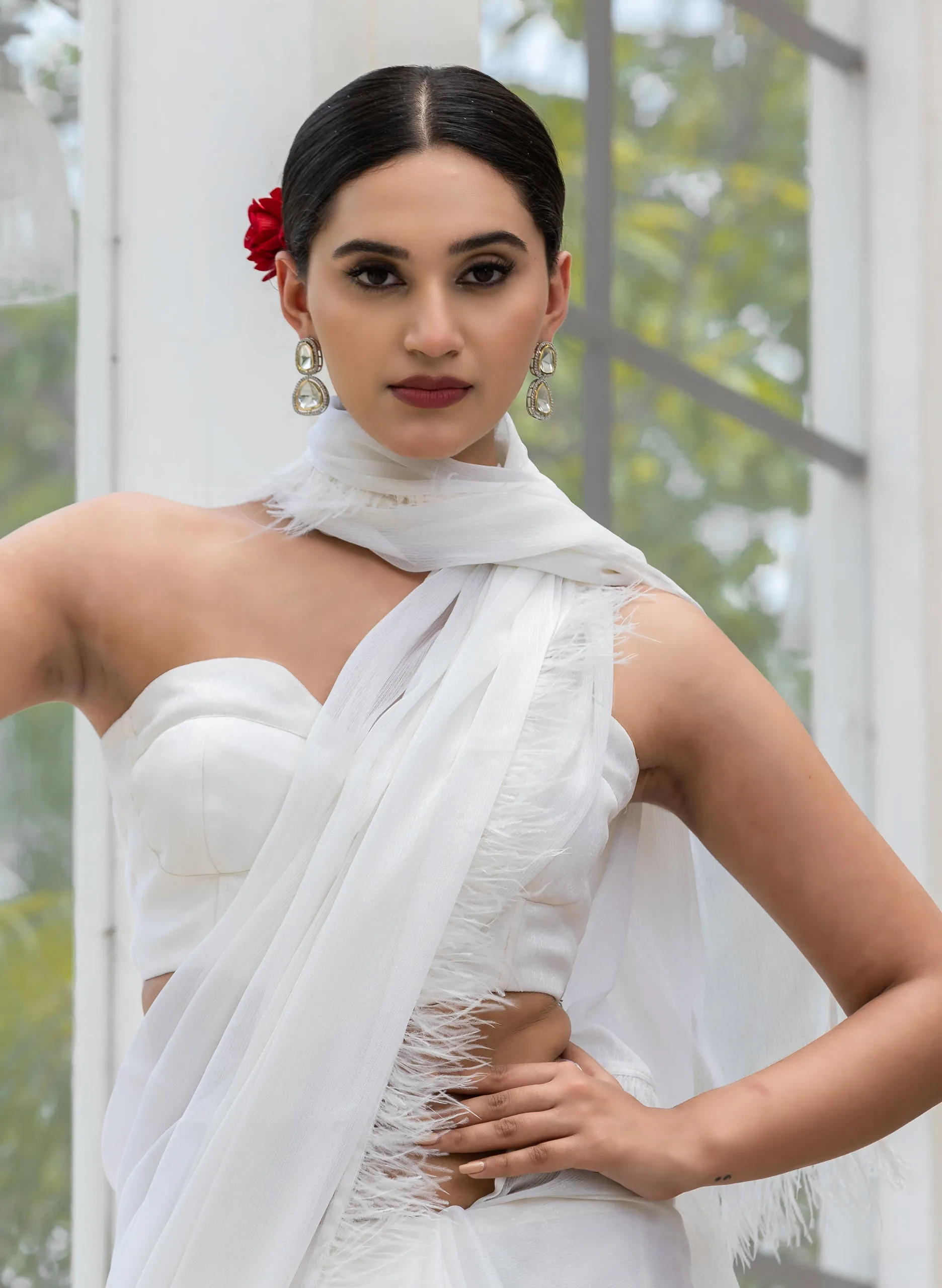 Gala Ready White Shimmer Saree with Faux Feathers and Blouse Fabric