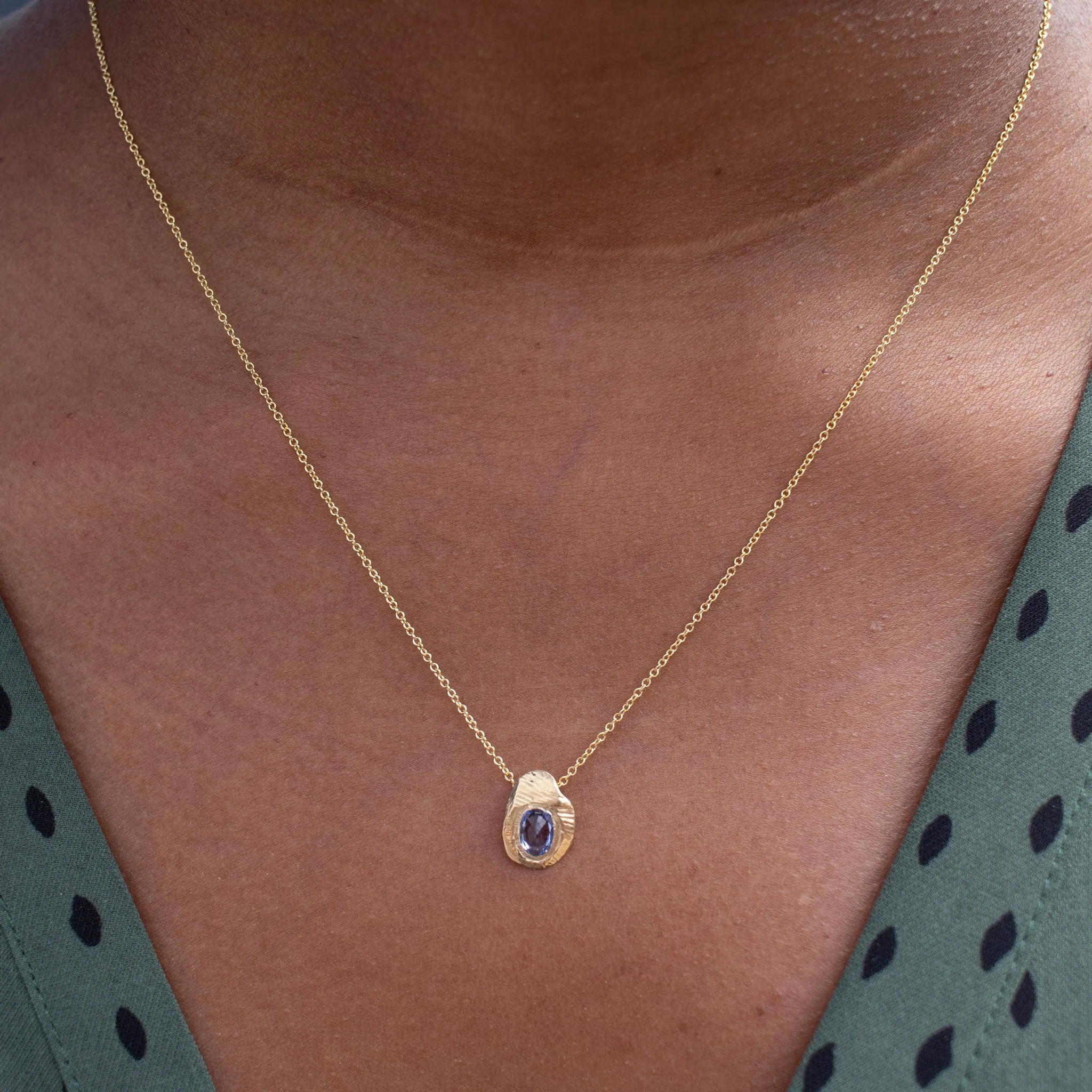 Gold Blue Sapphire Teardrop Slider Necklace