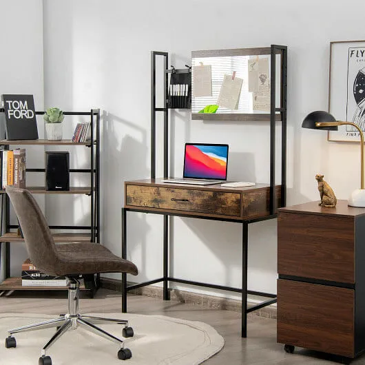 Industrial Vanity Table with 3-Height Adjustable Mirror Bag-Brown - Color: Brown