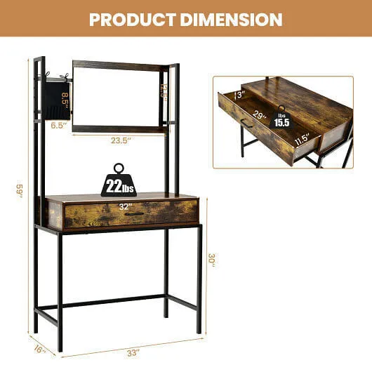 Industrial Vanity Table with 3-Height Adjustable Mirror Bag-Brown - Color: Brown