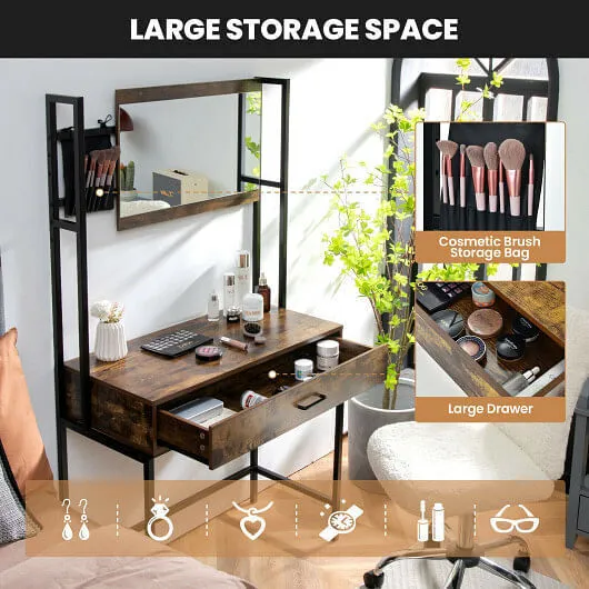 Industrial Vanity Table with 3-Height Adjustable Mirror Bag-Brown - Color: Brown