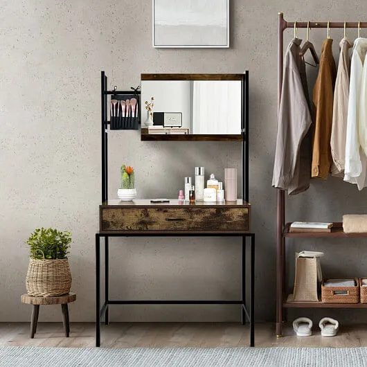 Industrial Vanity Table with 3-Height Adjustable Mirror Bag-Brown - Color: Brown