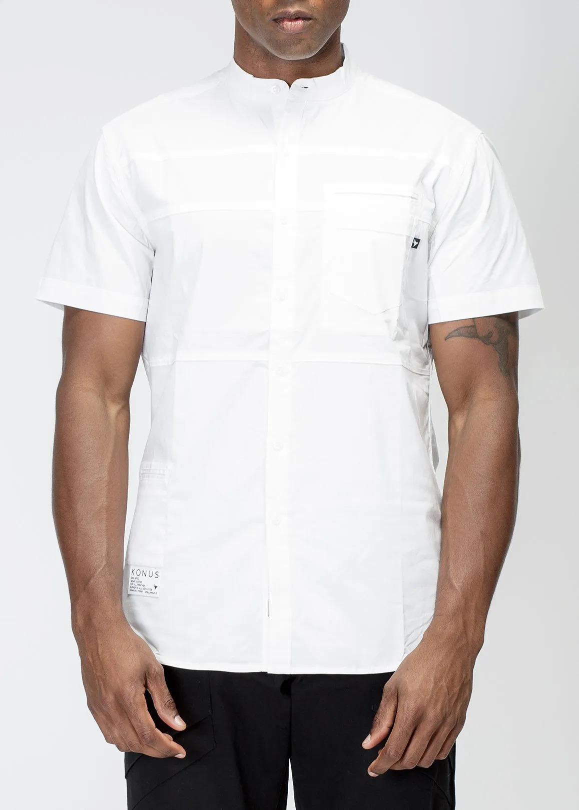 Konus Men's Band Collar Panel Shirt in White