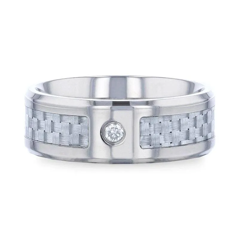 Light Gray Carbon Fiber Titanium Ring White Diamond In The Squared Center Setting