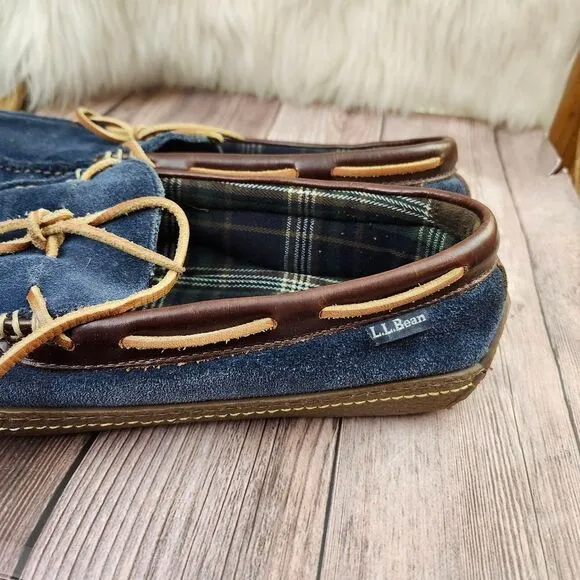 L.L.Bean Mens Blue Suede Flannel Lined Moccasin Slippers SZ 11