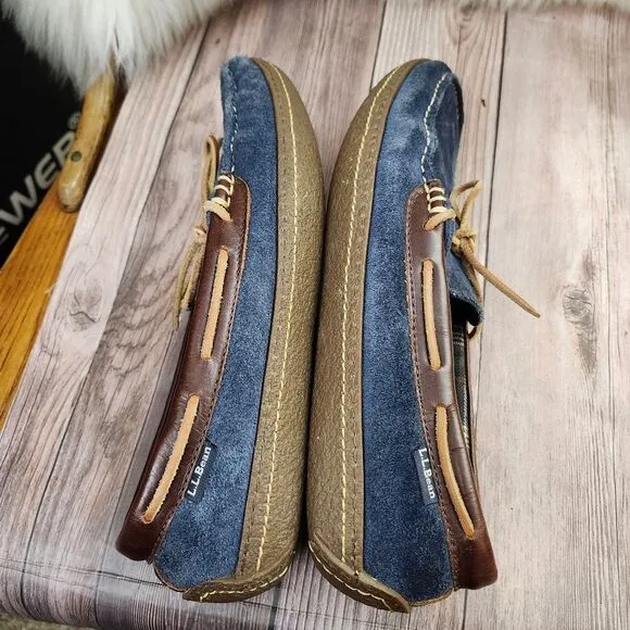 L.L.Bean Mens Blue Suede Flannel Lined Moccasin Slippers SZ 11