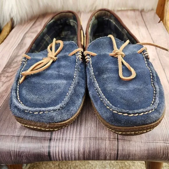 L.L.Bean Mens Blue Suede Flannel Lined Moccasin Slippers SZ 11