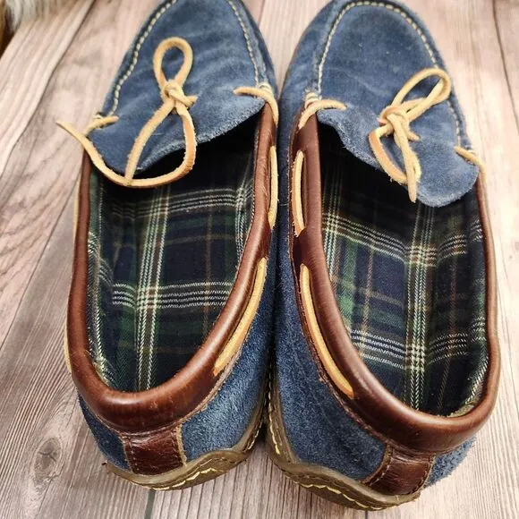 L.L.Bean Mens Blue Suede Flannel Lined Moccasin Slippers SZ 11