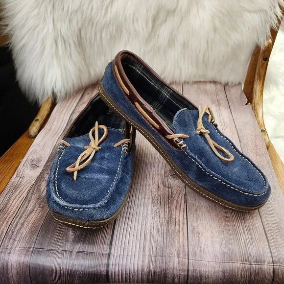 L.L.Bean Mens Blue Suede Flannel Lined Moccasin Slippers SZ 11