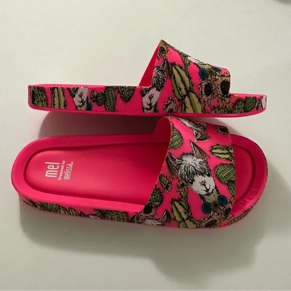 Mini Melissa Hot Pink Llama Cactus Print Slides