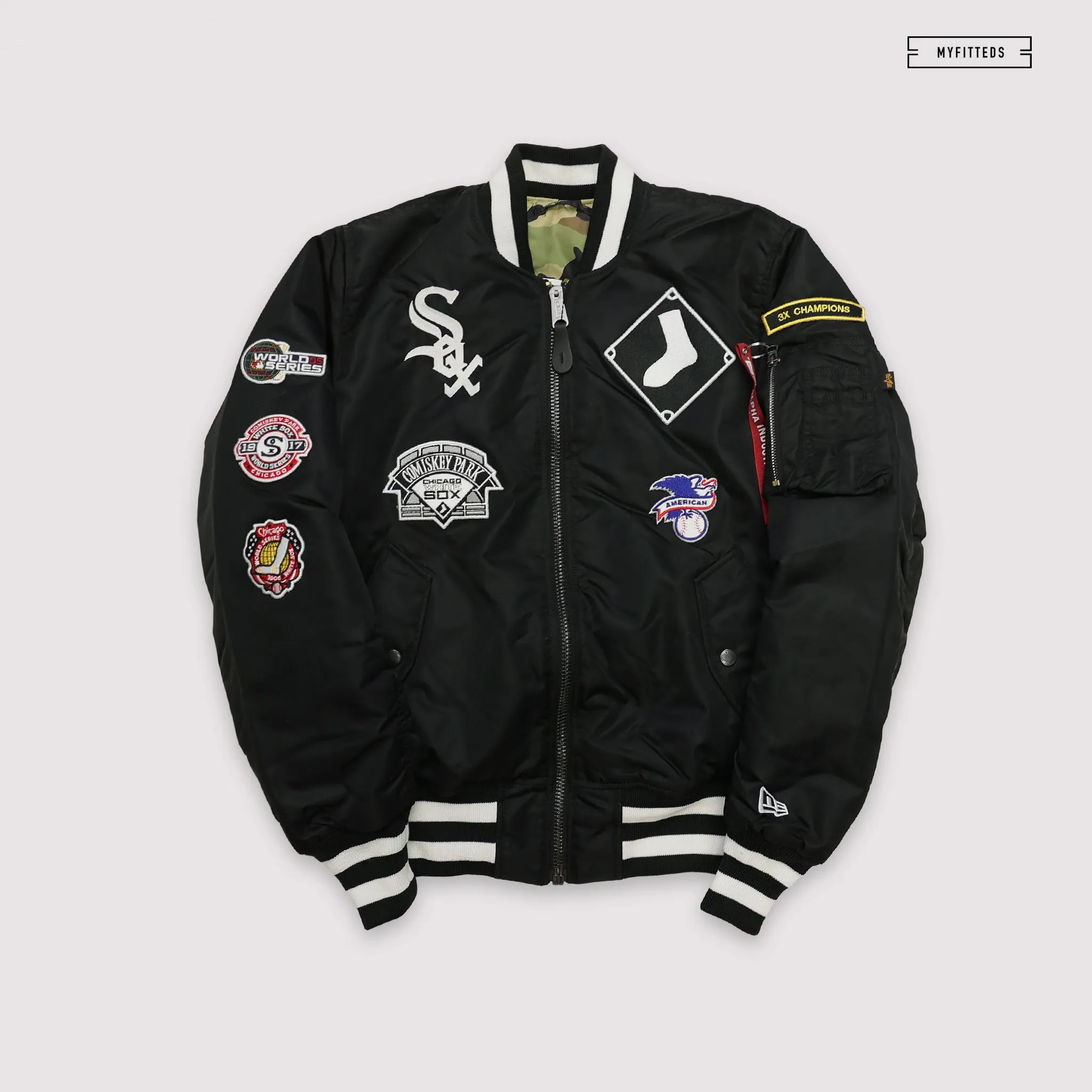 NEW ERA X ALPHA INDUSTRIES CHICAGO WHITE SOX REVERSIBLE BOMBER JACKET