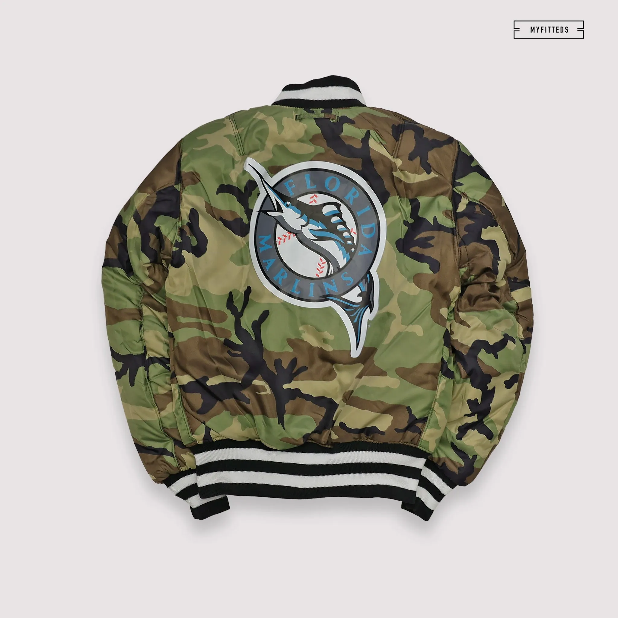 NEW ERA X ALPHA INDUSTRIES FLORIDA MARLINS REVERSIBLE BOMBER JACKET