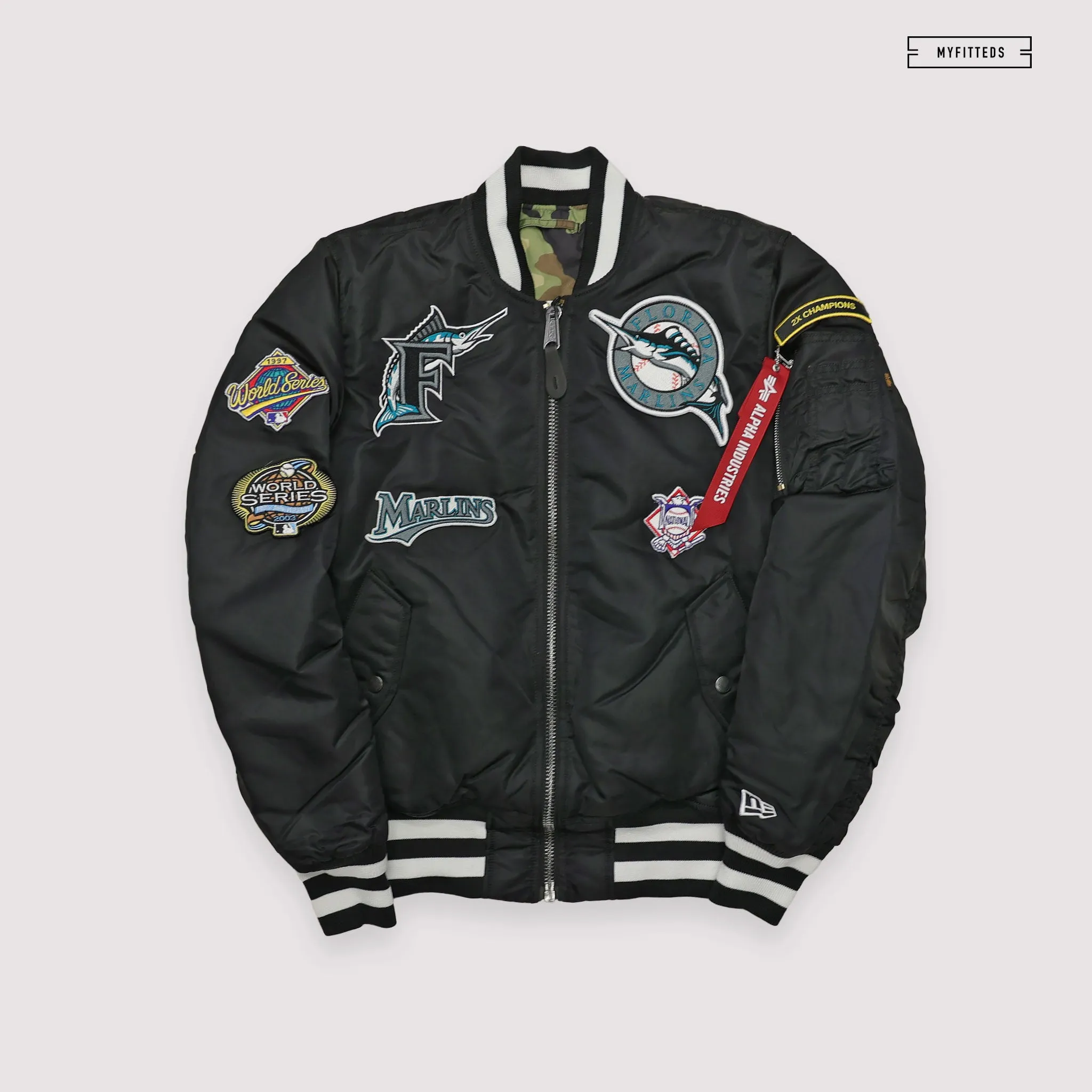 NEW ERA X ALPHA INDUSTRIES FLORIDA MARLINS REVERSIBLE BOMBER JACKET