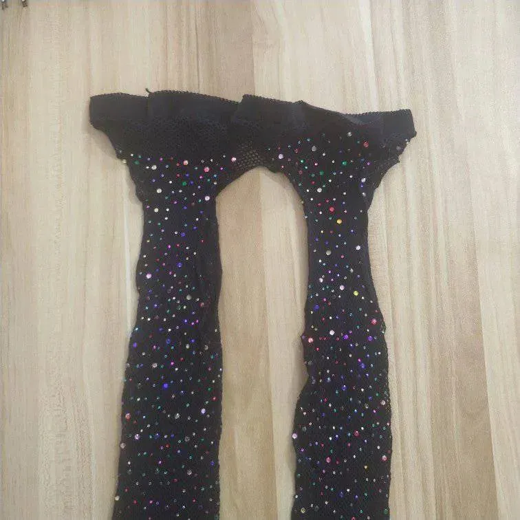 Open Crotch Fishnet Stockings with Rhinestones
