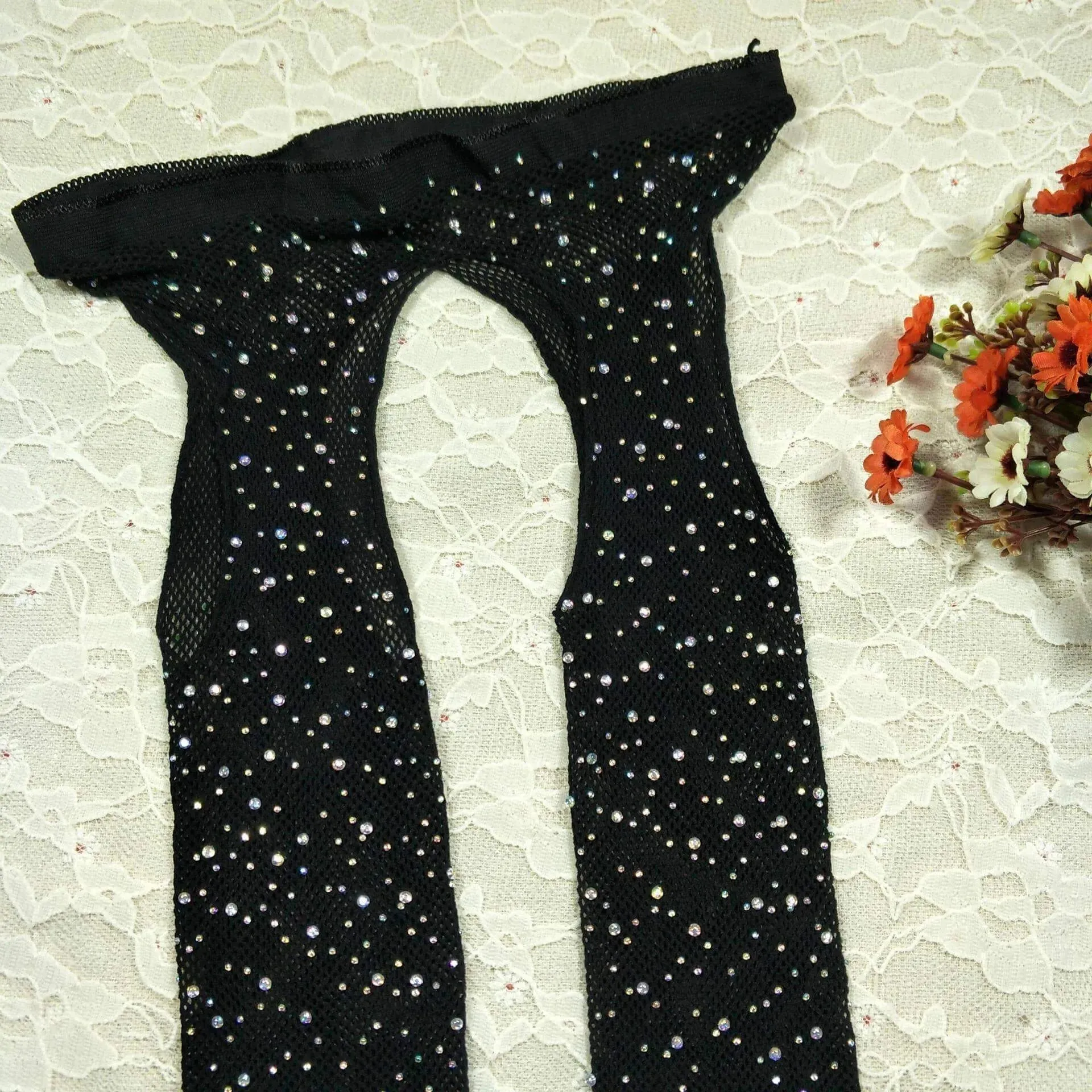 Open Crotch Fishnet Stockings with Rhinestones