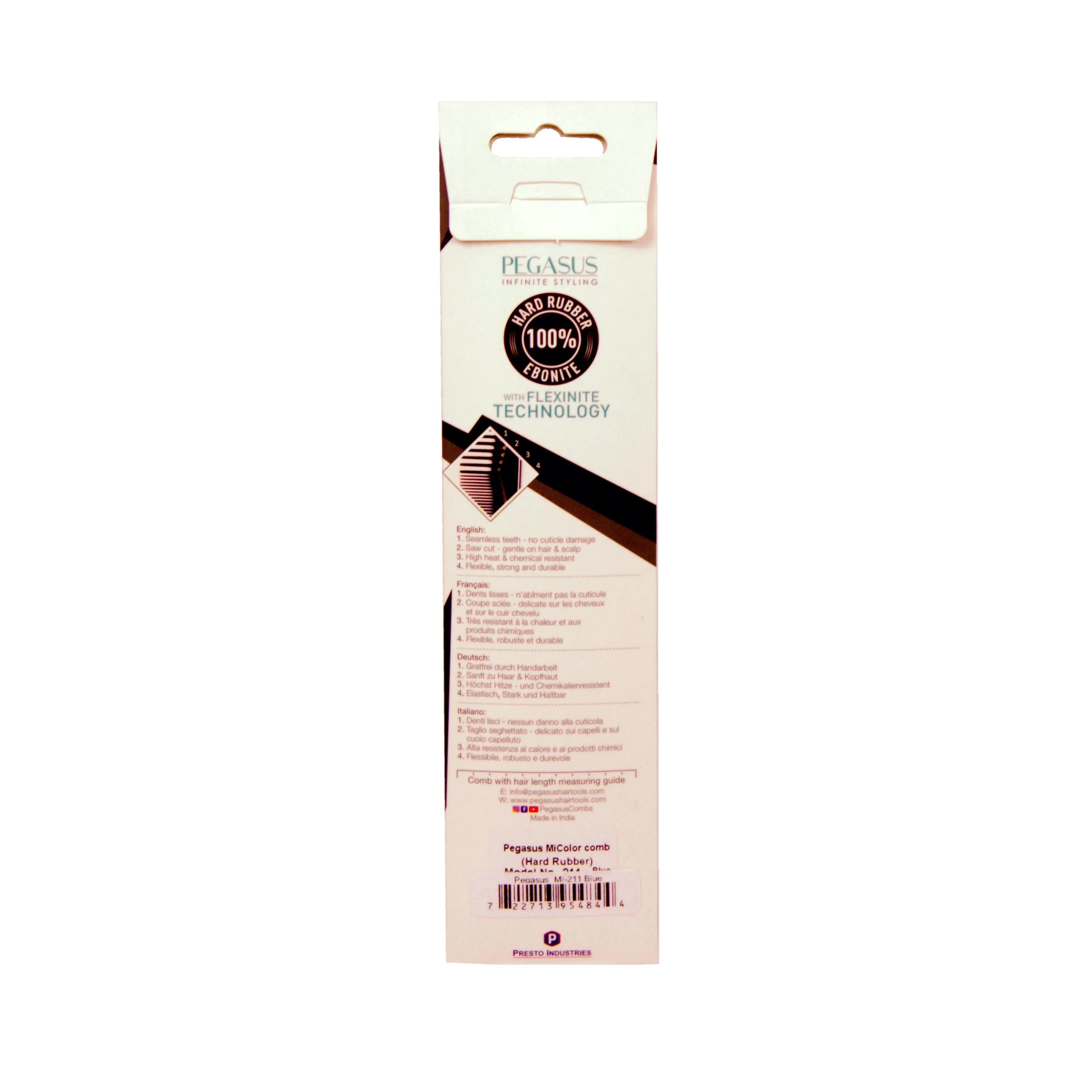 Pegasus MICOLOR 211, 9in Hard Rubber Cutting Comb With Sectioning Tooth, Anti Static, Heat and Chemically Resistant, Wet Hair, Everyday Grooming Comb | Peines de goma dura - Blue